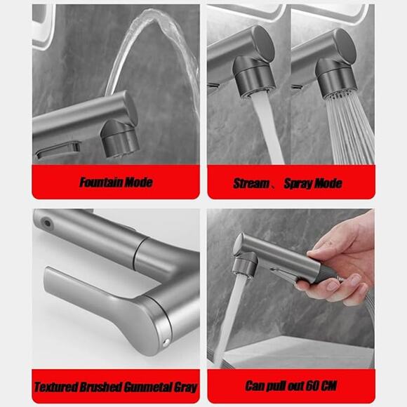 Modern Bathroom Faucet with Pull Out Sprayer - Three Water Modes, One Hole GREY - Picture 5 of 7